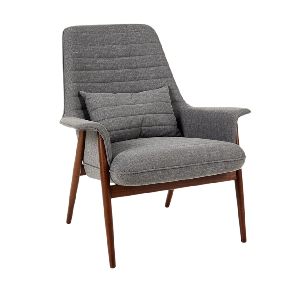 **Fauteuil moderne en tissu gris avec coussin, pieds en bois**